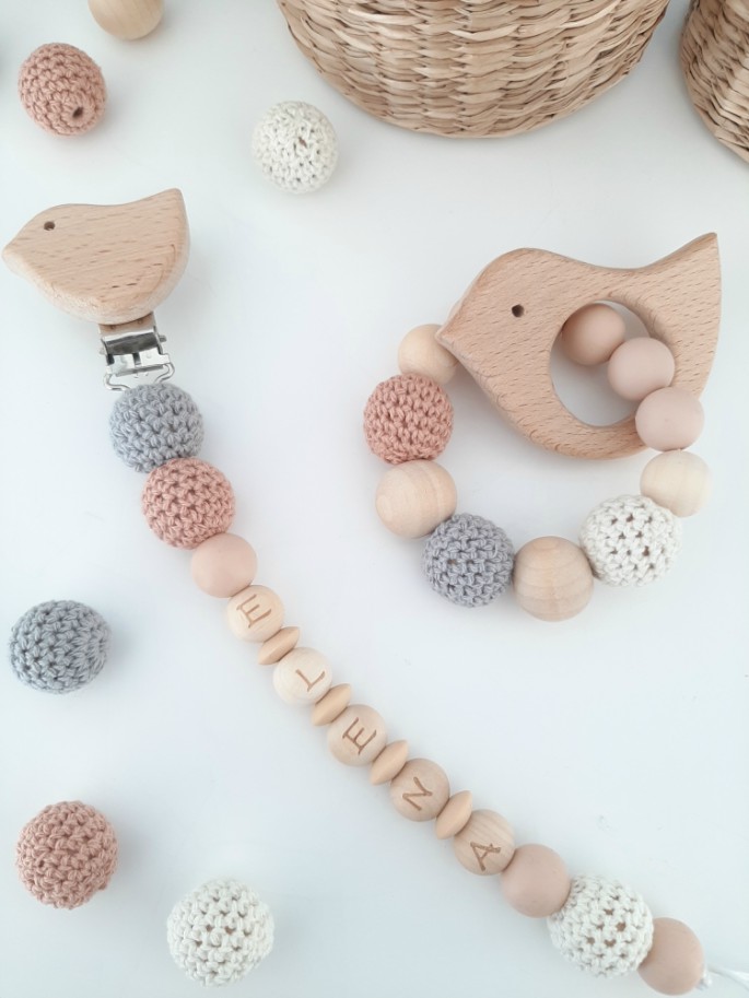 Chupetero Personalizado y Mordedor Crochet Neutrals 