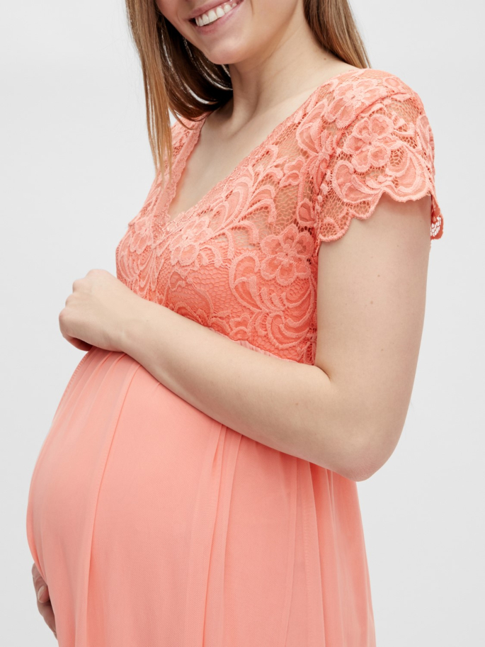 Vestido Fiesta Premamá Combinado Encaje Tul Coral