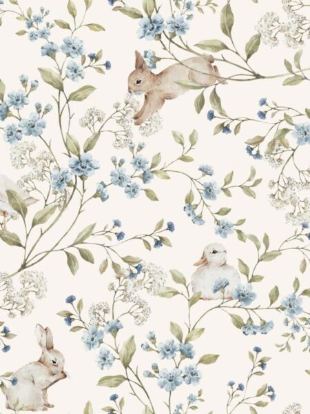 papel-pintado-infantil-vintage-flores-prado-patos-conejos-azul-beige