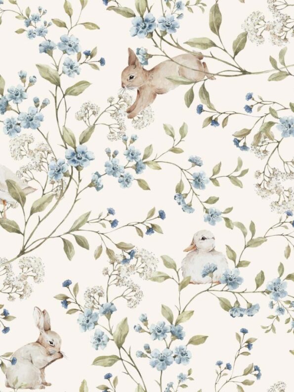papel-pintado-infantil-vintage-flores-prado-patos-conejos-azul-beige